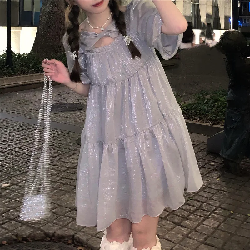 

Princess Lolita Op Short Sleeve Dress Women's Summer Bubble Sleeve Bow Mori Girl Sweet Kawaii Anime Cosplay Loose Cute Dresses
