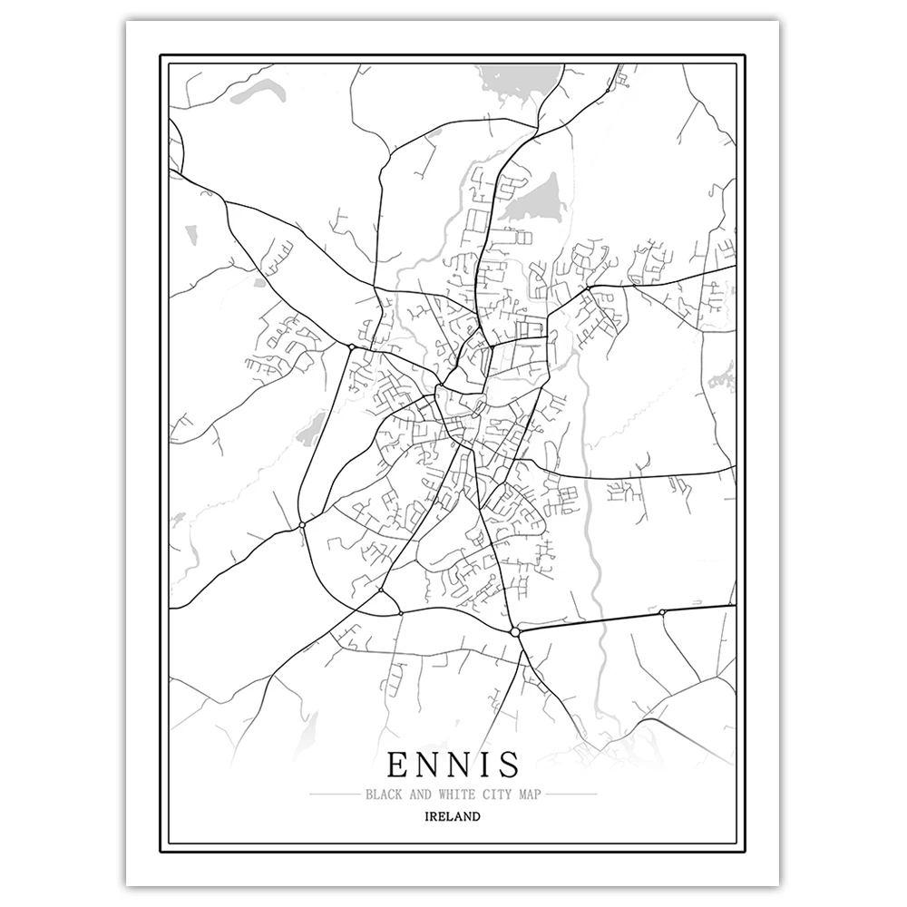 Черно-белая карта креативных города в Европе, столица, Дублина, украшение дома, холст, живопись, настенные картины на стену - Цвет: Ennis