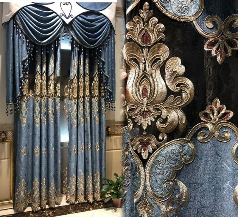 

European Shading Bedroom Living Room Villa Luxury Retro Blue Door and Window Decoration Water Soluble Embroidery Curtains