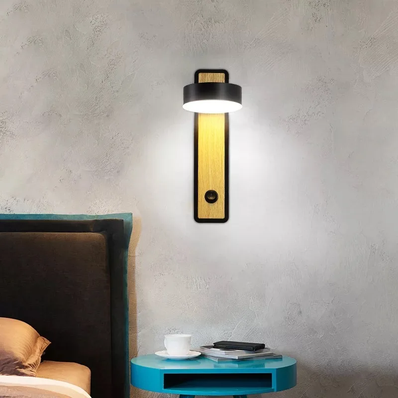 Wooden LED wall lamp with switch bedroom living room Nordic modern light aisle study reading sconce white black lamps | Лампы и