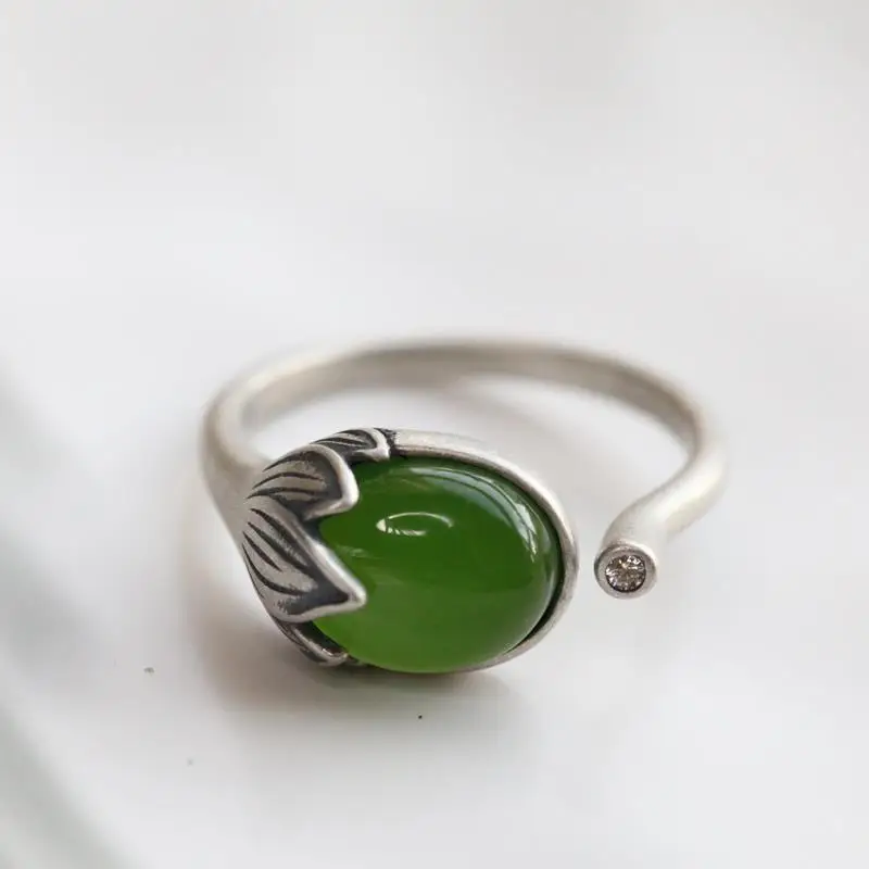 

Yu Lian Sterling Silver Ornament Handmade Women's Hetian Jade Green Jade Ethnic Style Special-Interest Design Open End Creative