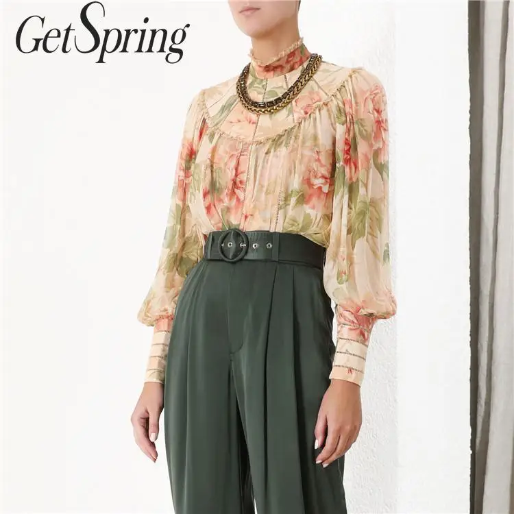Getвесенняя женская блузка с рукавами клеш стоячий воротник принтом шифоновая