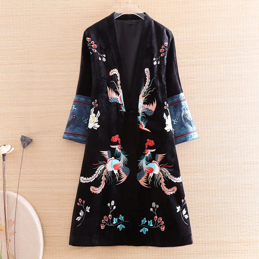 

Autumn And Winter Women Parka Outerwear Retro Embroidery Phoenix Elegant Loose Lady Suede Luxurious Trench Coat Female S-L