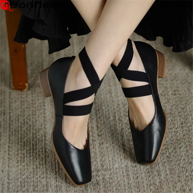 

MoonMeek 2021 New Arrival Women Pumps Genuine Leather Party Wedding Shoes Thick Heels Square Toe Fashion Single Shoes