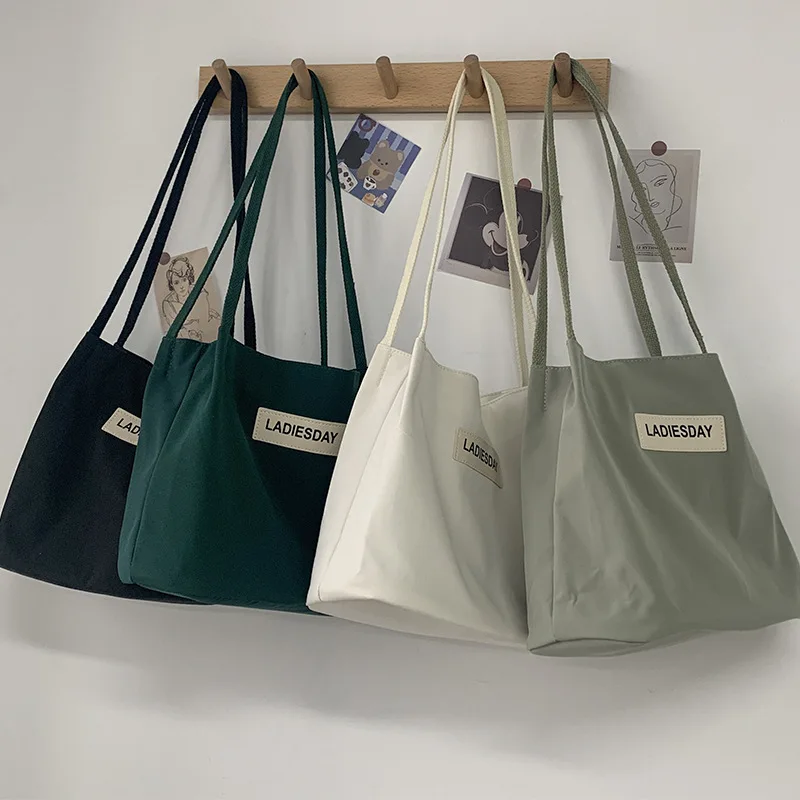 

Women Nylon Tote Shoulder Bag Solid Color Ladies Reusable Large Shopping Bags Simple Design Student Girls Book Tote Handbags