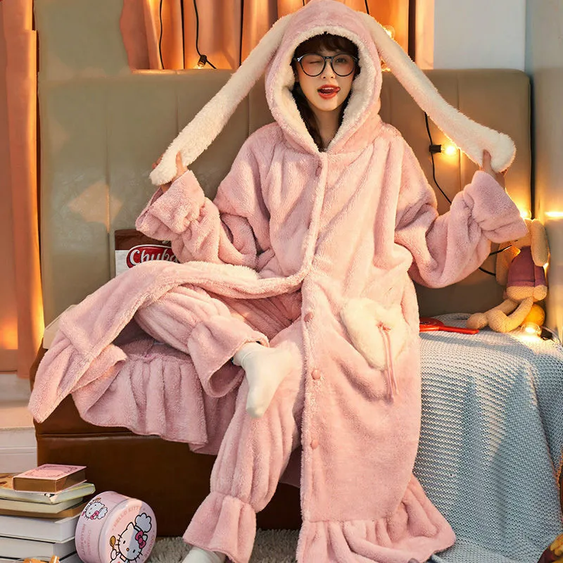 Two-piece Pajamas Women Thickened Plus Velvet Pajamas Autumn and Winter Long Coral Velvet Pajamas Cartoon Flannel Home Service