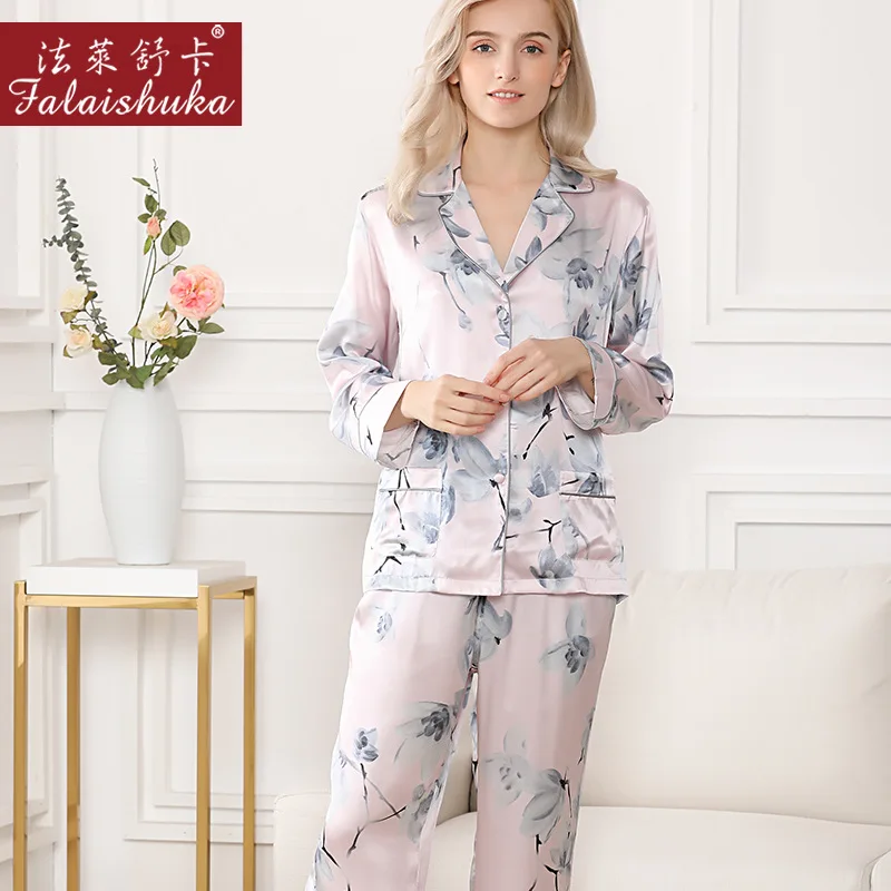Simple long sleeve 100% genuine silk pajamas sets women sleepwear Korean Elegant pink Flowers pure silk womens pyjamas T8244