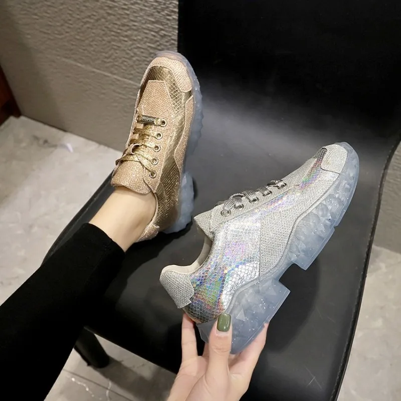 Женские туфли со стразами на толстой подошве Корейская модель весенней