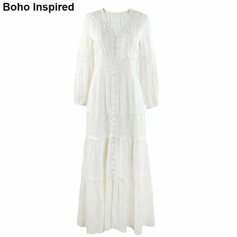 Богемный Вдохновленный белый повседневное женское платье с длинным рукавом buttosn
