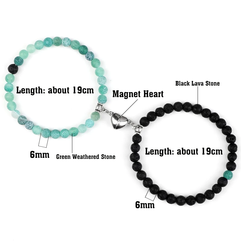 Магнитный браслет 2 шт./компл. 6 мм натуральные черные лавовые камни бусины сердце
