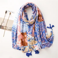 fashion aztec head scarf 2020 women autumn spain luxury brand geometric floral patchwork tassel long soft print shawls 18090cm