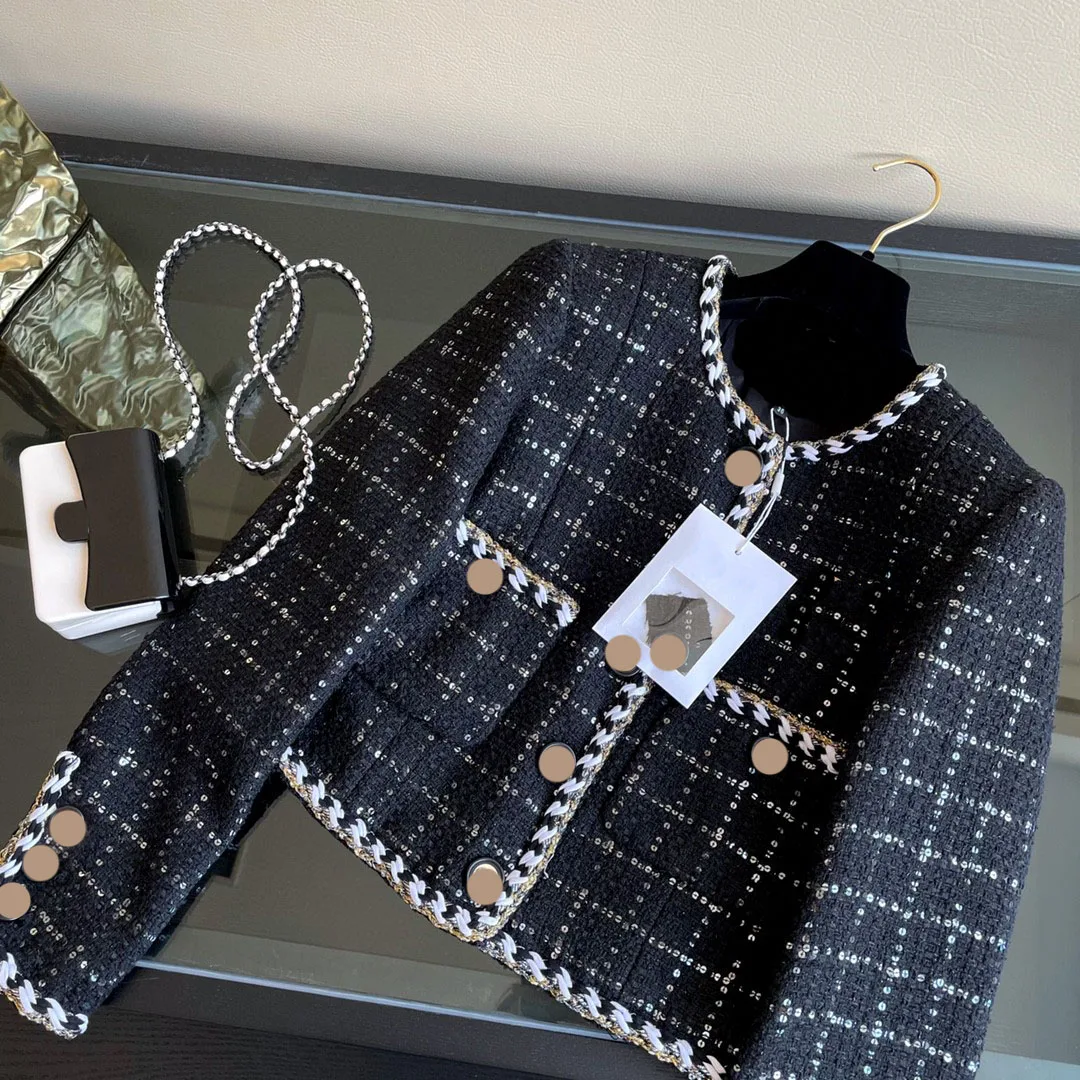 

Высококачественные твидовые клетчатые куртки, черные куртки с круглым вырезом и двойными карманами, с ручным переплетением по краям, верхн...