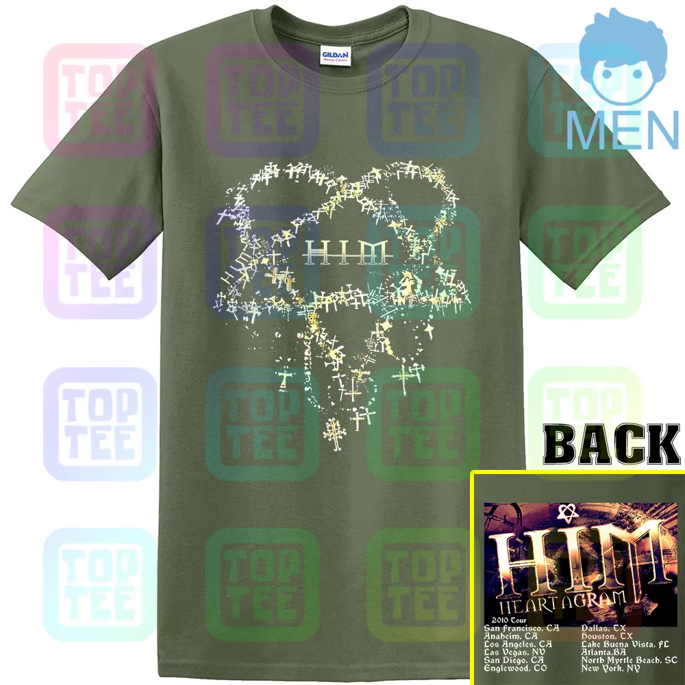 MEN-ARMY GREEN Его адское величество он Heartagram взрослый маленький футболка 2010 Tour Ville Valo - Цвет: MEN-ARMY GREEN