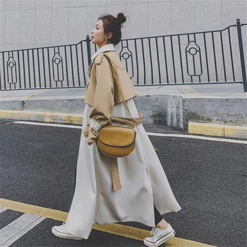 Stitching trench coats women's contrast color windbreaker mid-length spring autumn new korean jacket gabardina mujer fashion