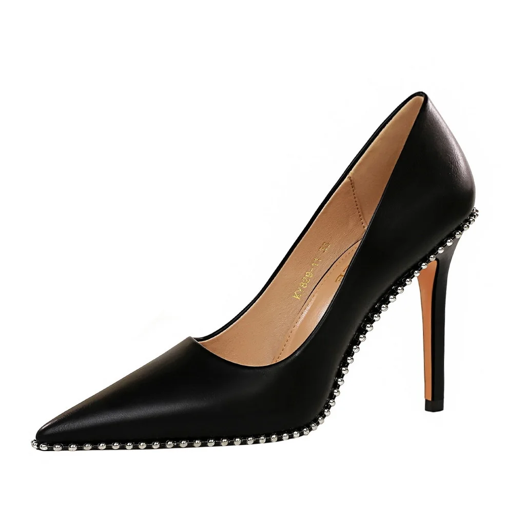

Ladies High-heeled Single Shoes Fashion Sexy Banquet Women's Shoe Shallow Mouth Pointed Rivets Were Thin And Increased Sandals