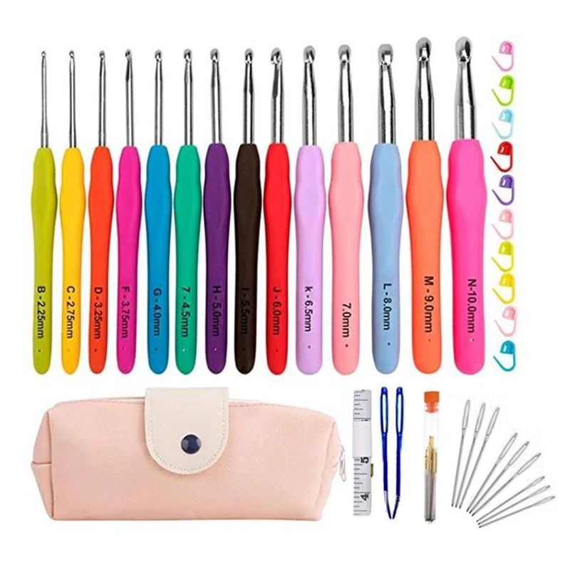 

Набор для вязания крючком, чехол разноцветные, алюминиевые высокого качества «сделай сам» с розовой сумкой, мягкие ручки, крючки, иглы