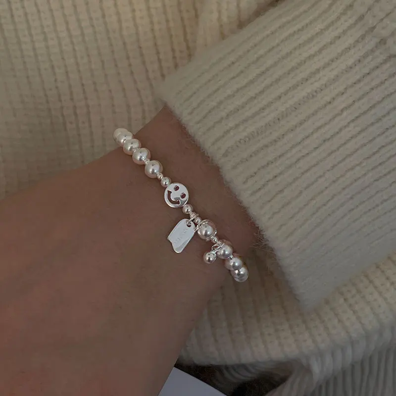 

FMILY Fashion 925 Sterling Silver Sweet Smile Face Bracelet Retro Round Beads Square Letter Luck Jewelry for Girlfriend Gift