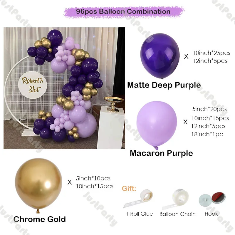 Kit de guirnalda para arco de globos, decoraci&oacute;n para fiestas de cumplea&ntilde;os, aniversario, Baby Shower, mate, morado intenso, cromado, dorado, 96 Uds.-1