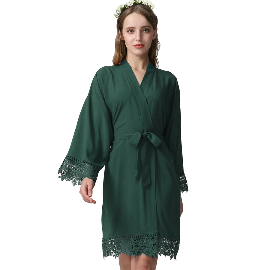 YUXINBRIDAL темно-зеленый искусственный шелк сплошной хлопок кимоно халаты с кружевной отделкой для женщин свадебный Халат короткий пояс Халат