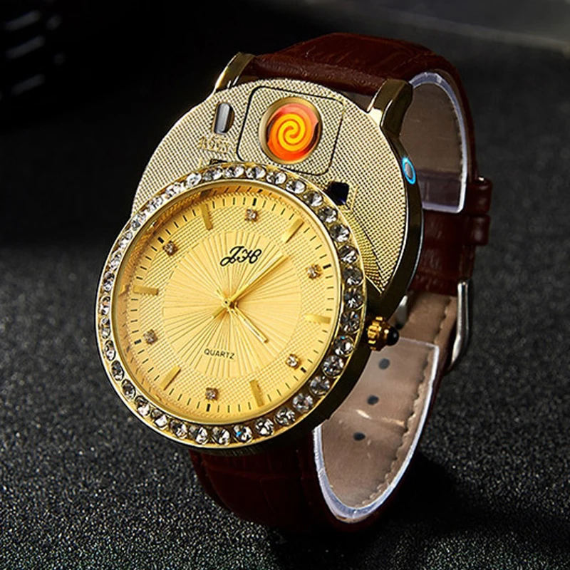

2021 Reloj Hombre Luxury Business Gold Watches Men Diamond Wristwatches USB Charging Flameless Lighter Watches Best Gift Present