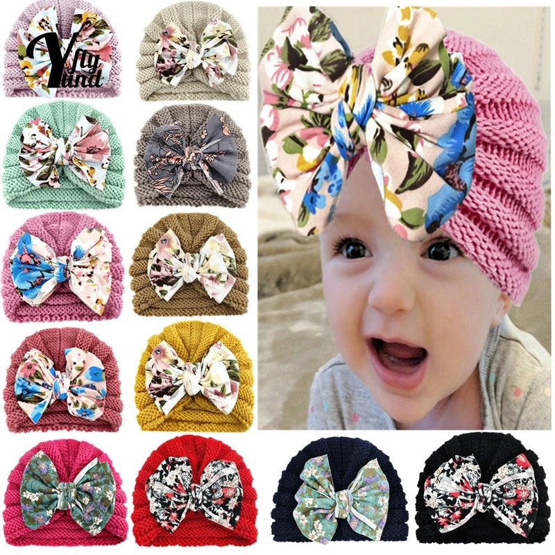 Yundfly estampado Vintage Bowknot sombreros de beb&eacute; del oto&ntilde;o y el invierno de la moda caliente tejer gorras de lana de los ni&ntilde;os sombreros Ropa Decoraci&oacute;n-1