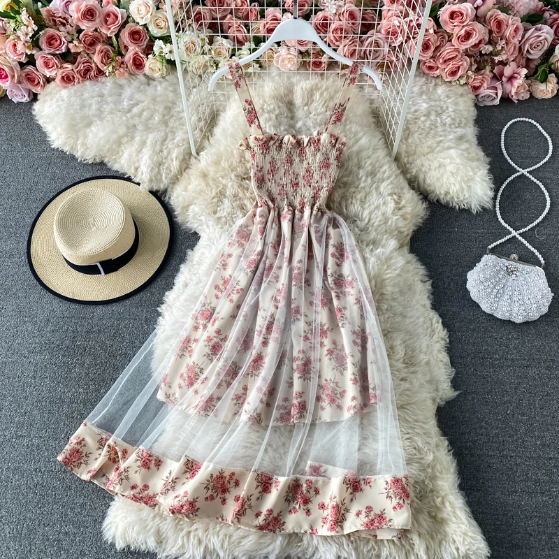 

KUSAHIKI Summer Dress Women Korean Printing Mesh Patchwork Sling Dresses 2021 New High Waist A-line Holiday Vestidos Mujer 6F940