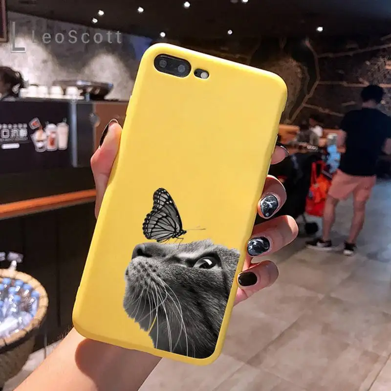 

Cartoon cute cat Phone Case Yellow Candy Color for iPhone 6 7 8 11 12 s mini pro X XS XR MAX Plus