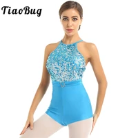 tiaobug women halter sleeveless shiny sequins ruched belt ballet dancewear gymnastics leotard unitard stage performance costume