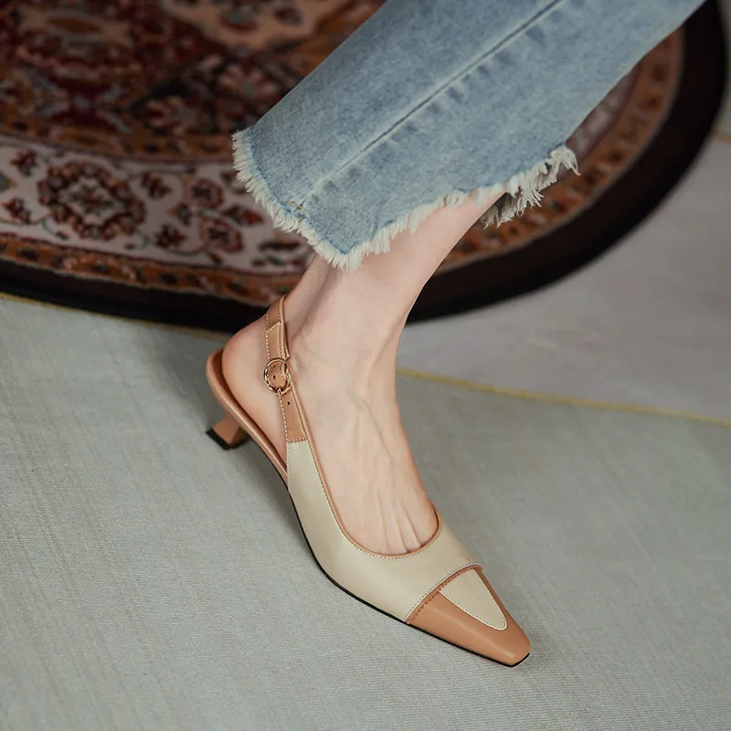 

Asumer Hot Sale Genuine Leather Shoes Women Pumps Mixed Colors Square Toe Slingback Thin Heel Single Shoes Women Party Shoes