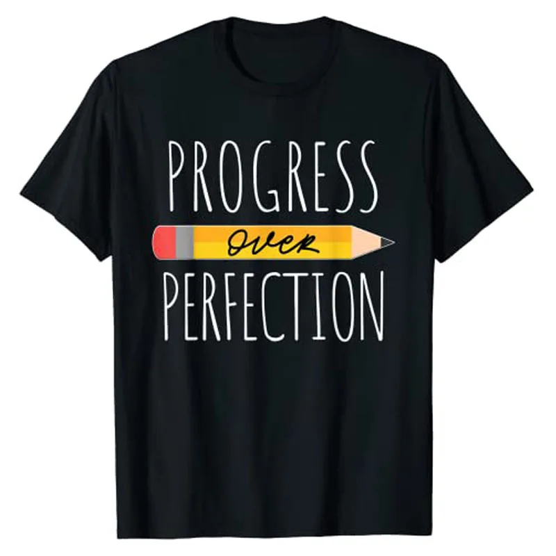 

Motivational Progress Over Perfection Back To School Teacher T-Shirt Women Clothing Graphic Tees Woman