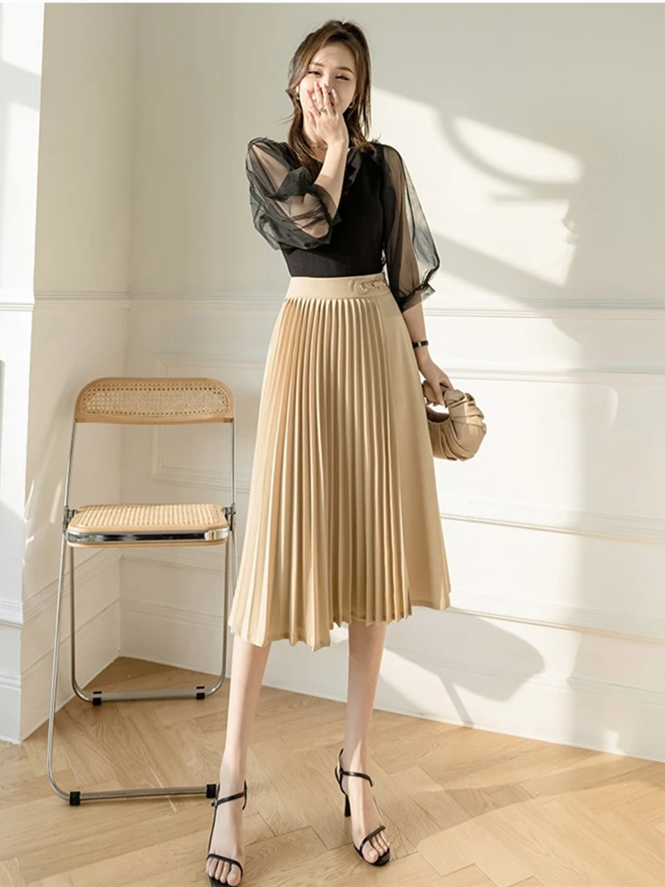 

2021summer High Waist Pleated Skirt Casual Women Midi Overskirt Retro Lady Fashion Pure Color Plus Size Skirt New Design Dress