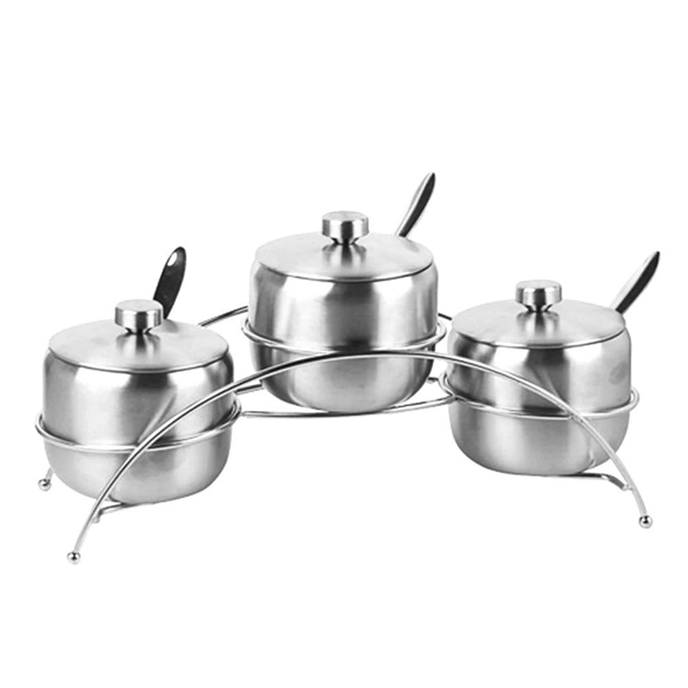 

Stainless Steel Condiments Jars Serving Bowls Seasoning Container Set Kitchen Cruet Bottle with Stand Rack 3 Packs K888