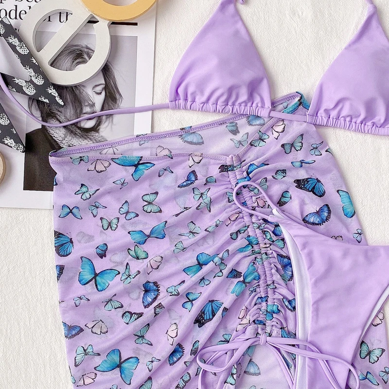 

Swimwear Women 3 Piece Bikini Set Print Drawstring Tie up Mesh See Through Skirts Sets Lady Fashion Beach Party Outfits
