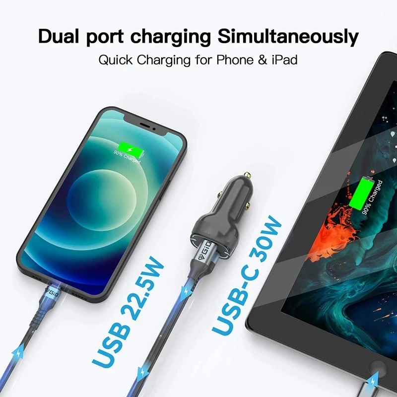 52.5W QC3.0 Car Fast Charger Adapter USB Type C Dual Ports for iPhone13 12 Pro Max iPad Macbook Samsung S22 Xiaomi Realme | Мобильные