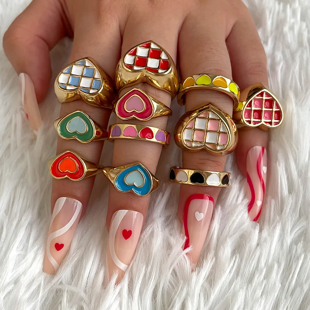 Мода двойной Слои эмаль капля глазурь любящее сердце кольца для женщин Золотой