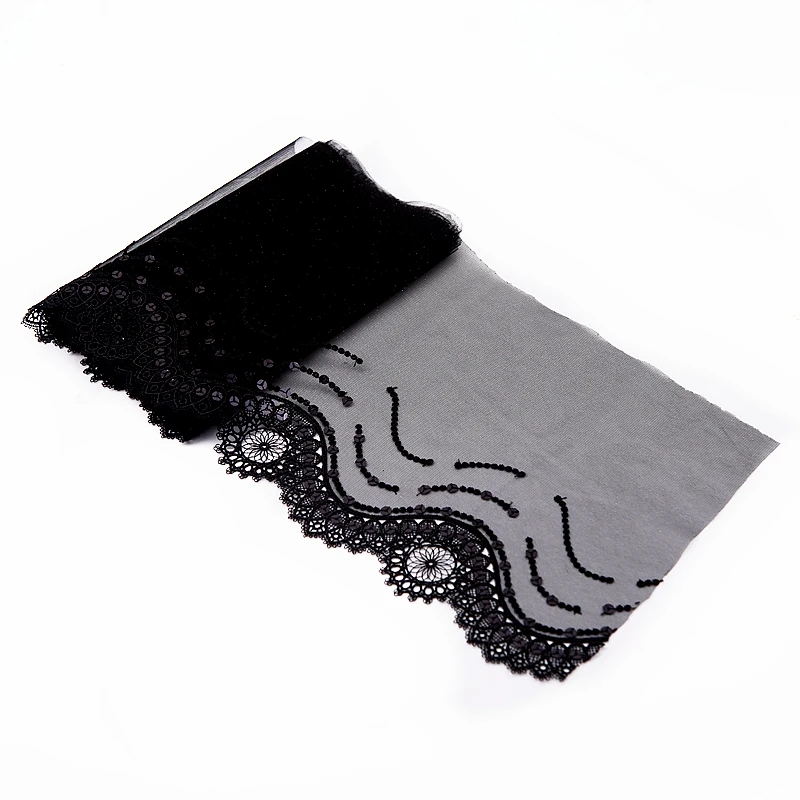

2Yds/Lot Embroidered Tulle Lace Trim Mesh Lace Trim Black Water-Soluble Edge + Eequins ~Beautiful