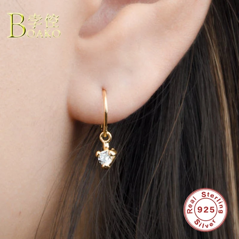 

Real 925 Silver Earrings For Women Gold Zircon Hoop Earrings Girl Ear Bone Piercing Earring Female Geometric aretes B5