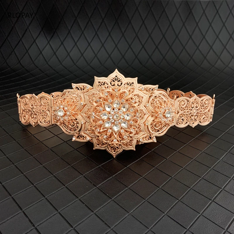 

Rose Gold Caucasus Traditional Waist Belts for Women Metal Sparkly Crystal Wedding Dress Waist Chains Wedding Sash