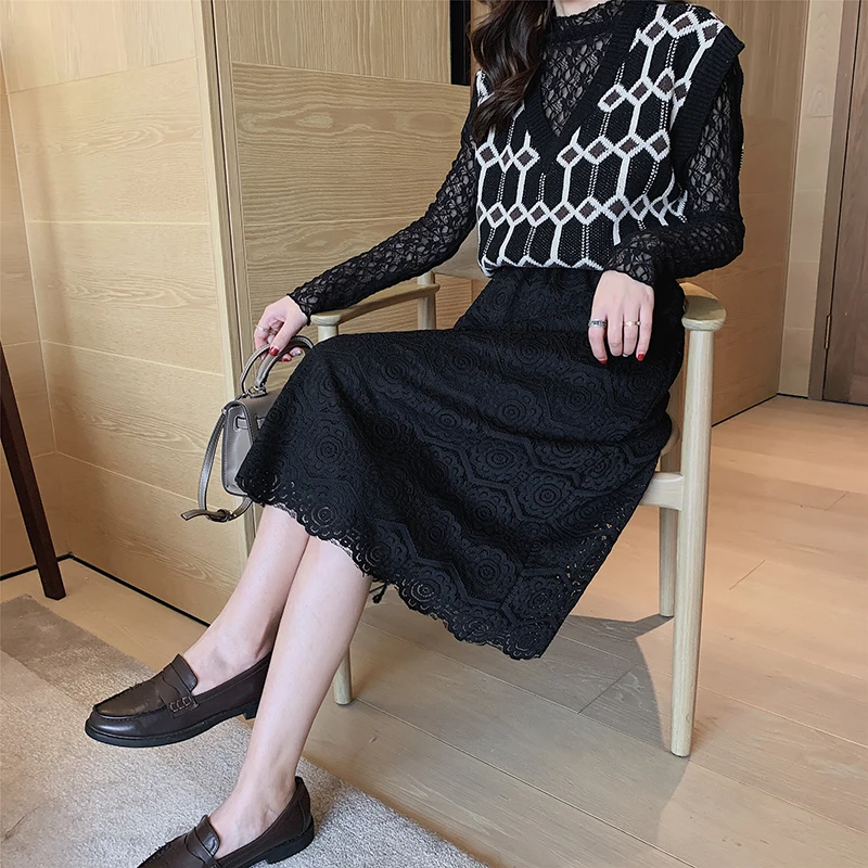 Миди кружевные юбки с высокой талией весна-осень корейский стиль элегантные