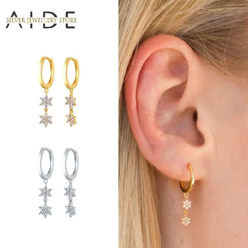 

AIDE Trendy Snowflake Pendientes Hoop Earrings For Women Geometric INS Flower Piercing Huggie Earings Silver 925 Jewelry brincos