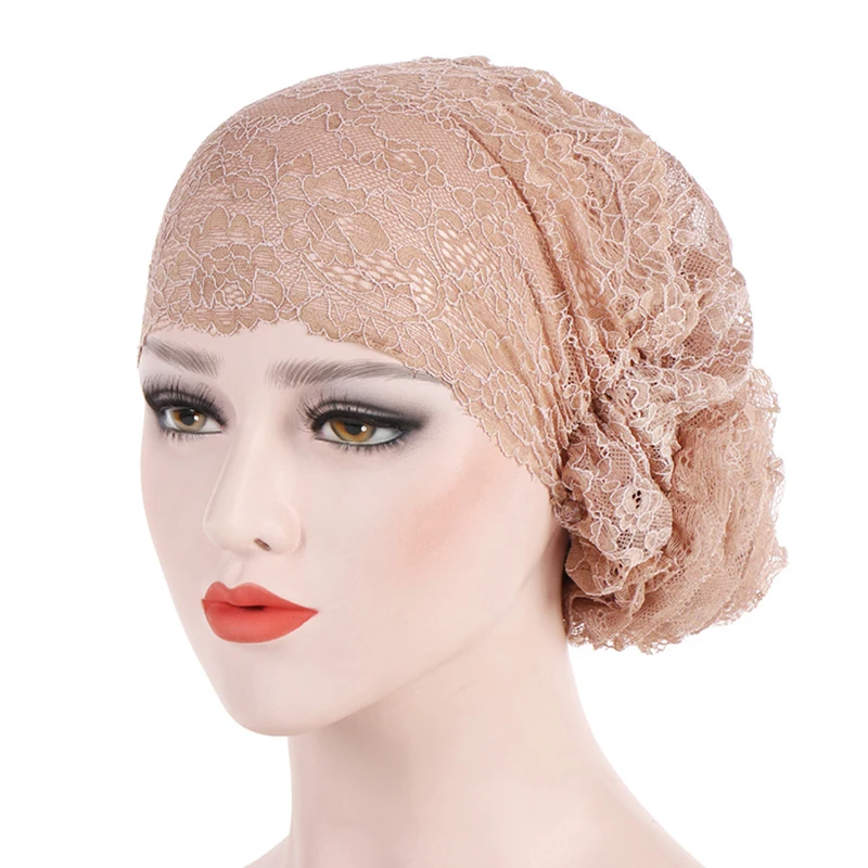 

Women high quality Fashion Lace Muslim Ruffle Turban Chemo Hat Beanie Scarf Head Wrap Elasticity Headscarf Cap Gift 7 Colors