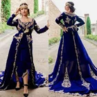 Ярко-синее алжирское вечернее платье Caftan, Марокканское бархатное платье с длинным рукавом, баской, кружевной наряд с золотой аппликацией, наряды для выпусквечерние вечера