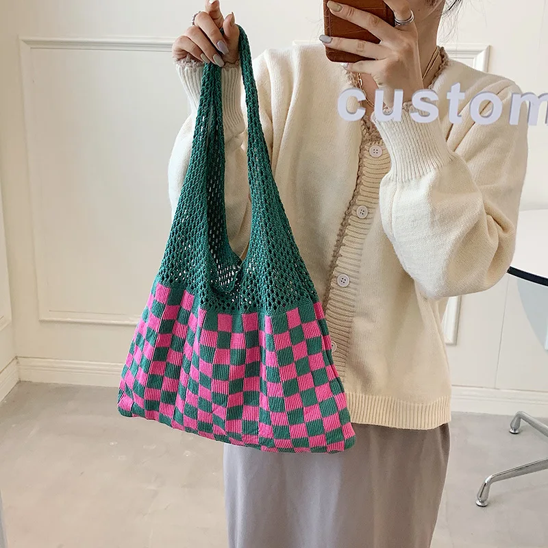 

Fashion Hollow Out Tote Designer Plaid Knitting Women Shoulder Bag Female Woven Shopper Purse Lady Large Capacity Handbag Chic