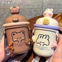 kawaii pastel bear thermos big belly cup cute kids stainless steel vacuum flask water bottle for girls student thermos cup strap