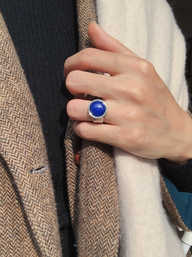

Ebdstud 43 Color Changing Stone Niche Design Ring Geometric round Advanced Sense Index Finger Ring Blue Vintage Ring