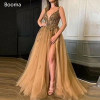 sexy ginger v neck prom dresses heavy beaded high slit side evening dresses spaghetti straps a line tulle long party dresses