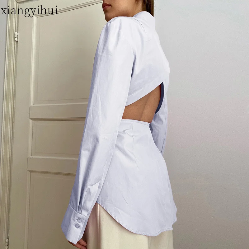 Длинная модная сексуальная рубашка с открытой спиной Женская белая черная