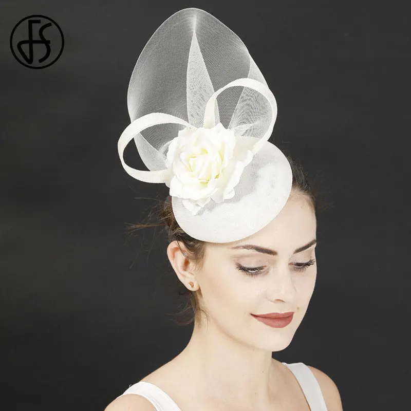 Женская шляпка с цветком FS белая заколкой для волос Коктейльная чайная вечерняя