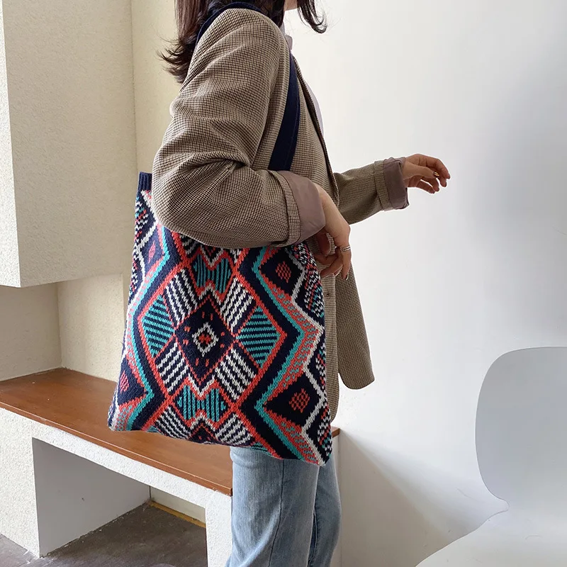 

Lady Knitting Gypsy Bohemian Boho Chic Aztec Tote Bag Women Crochet Woolen Open Shopper Top-handle Bag 2021 Female Daily Handbag