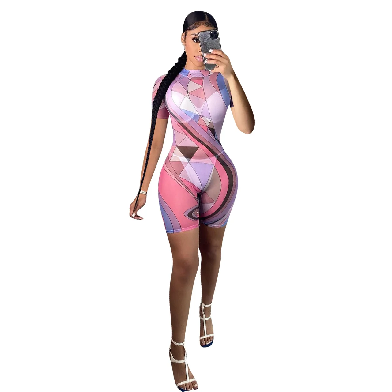 2021High Street Wind Printing Jumpsuit Super High Elastic Skinny Casual Nightclub Playsuits One Piece Overall Shorts Ropa Mujer
